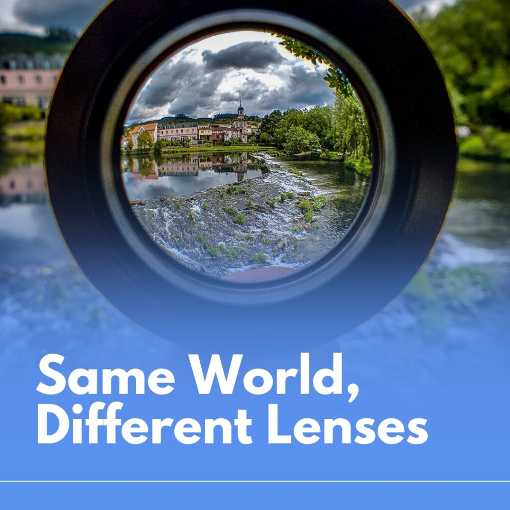 Image looking through a lens with a building and river in background.
