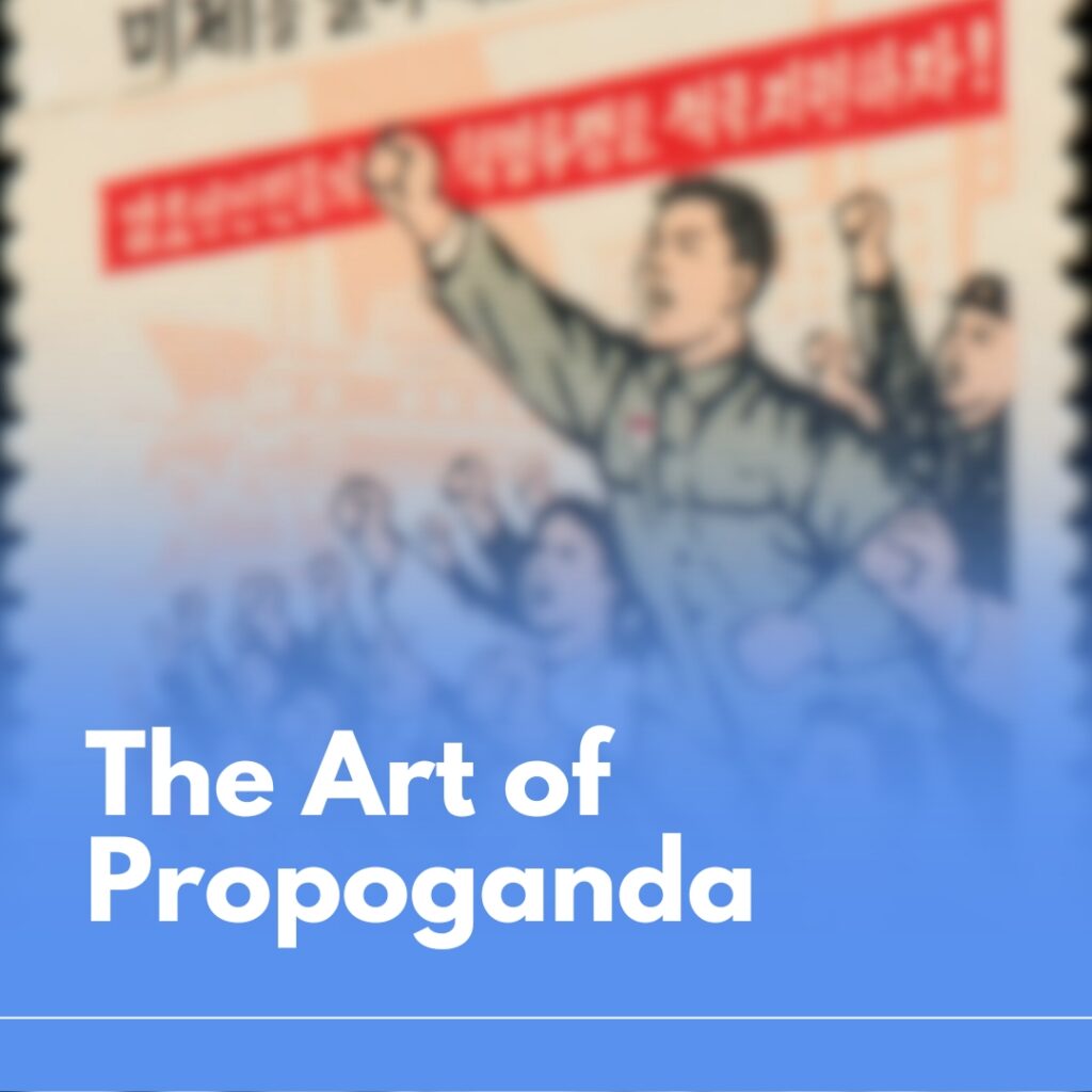 Blurred image of propoganda poster with draing of protestors raising their fists.